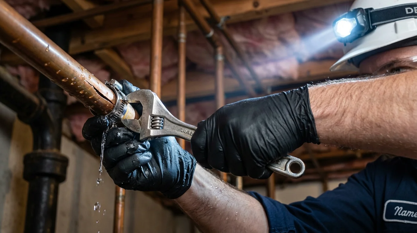 Emergency pipe clamp repair being performed by a Johns Plumbing LLC plumber in Albion