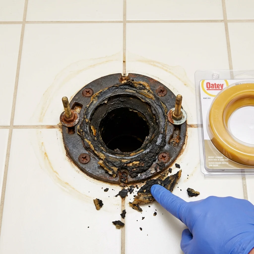 Failed wax ring showing water seepage at the base of a toilet in a Albion, MI home
