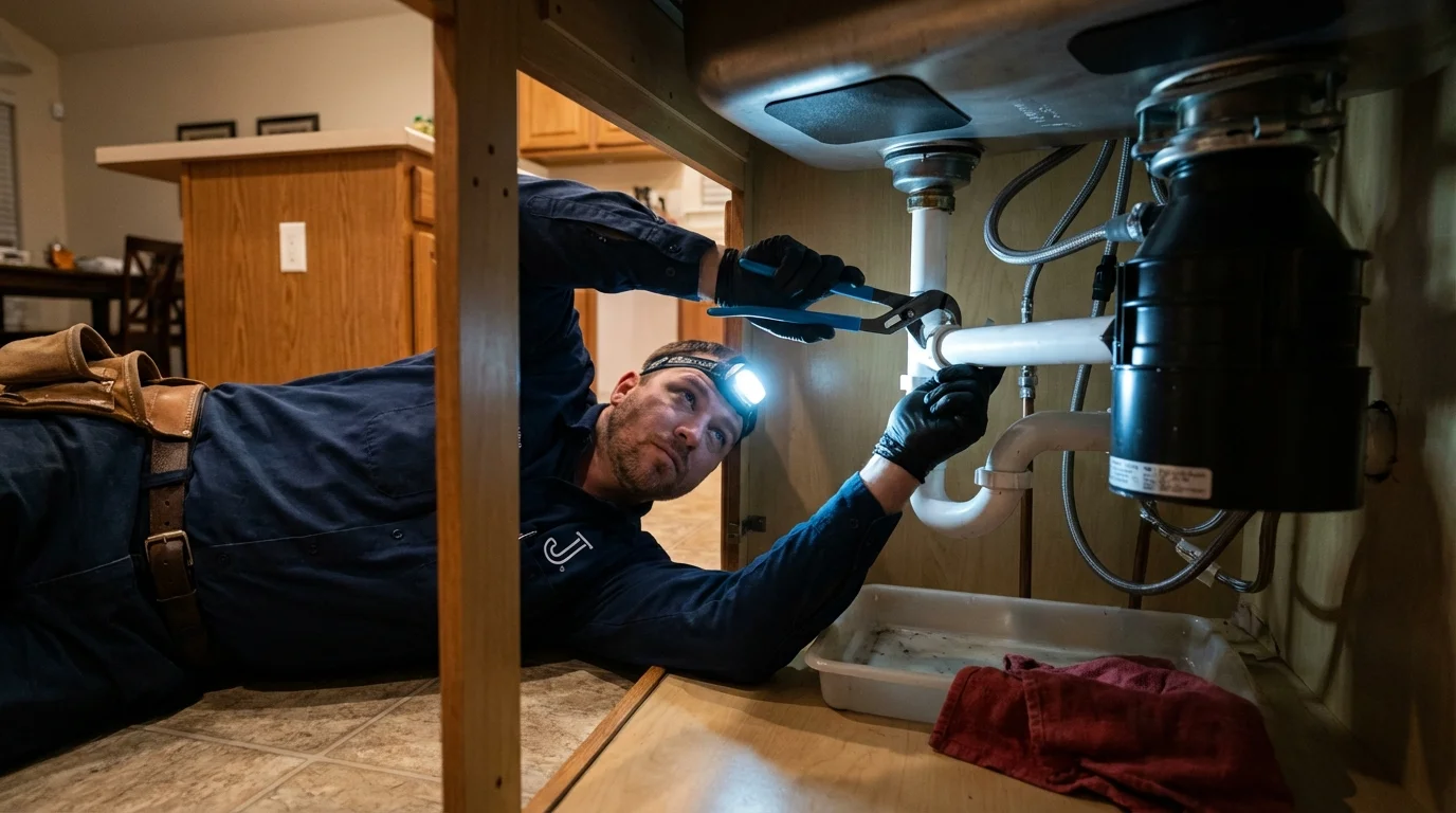 P-trap and supply line connections under a kitchen sink showing a common leak point in Albion, MI